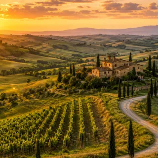 Tuscan vineyard at golden hour