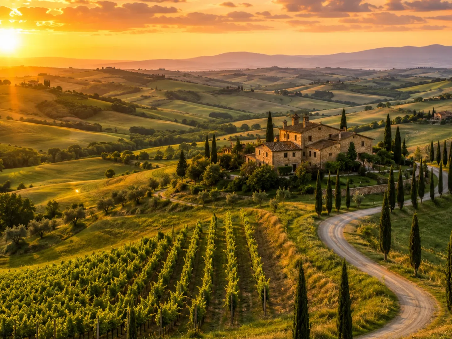 Tuscan vineyard at golden hour