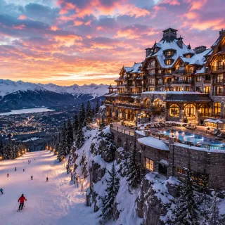 Mountain hotel above ski slopes at sunset