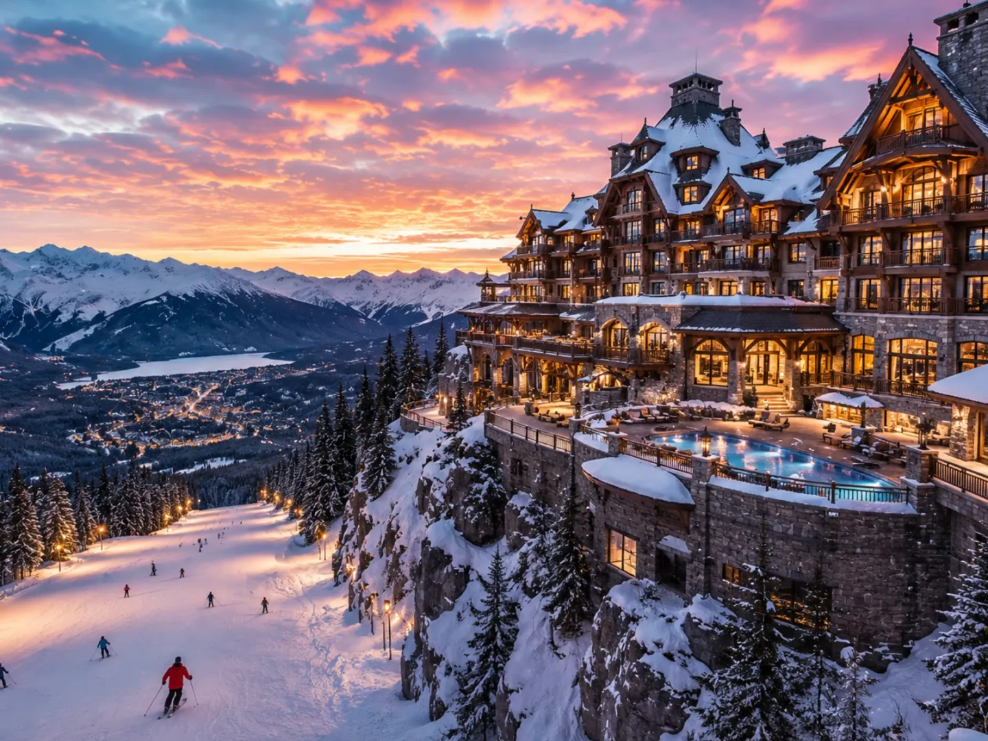 Mountain hotel above ski slopes at sunset