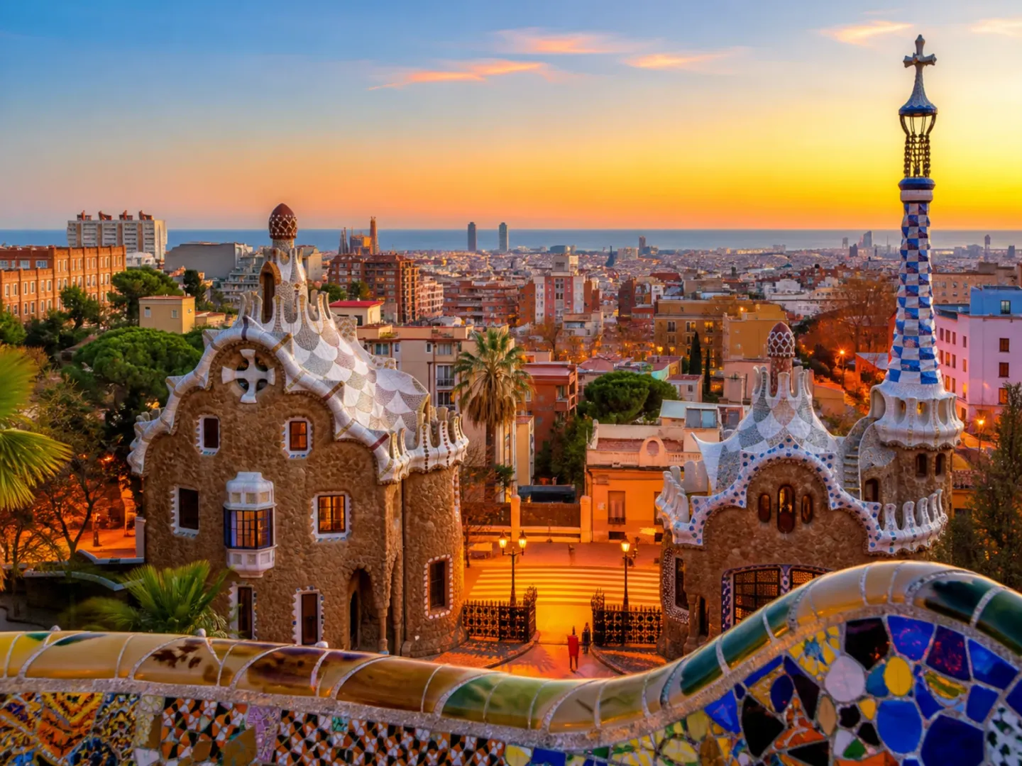 Park Güell at sunset overlooking Barcelona