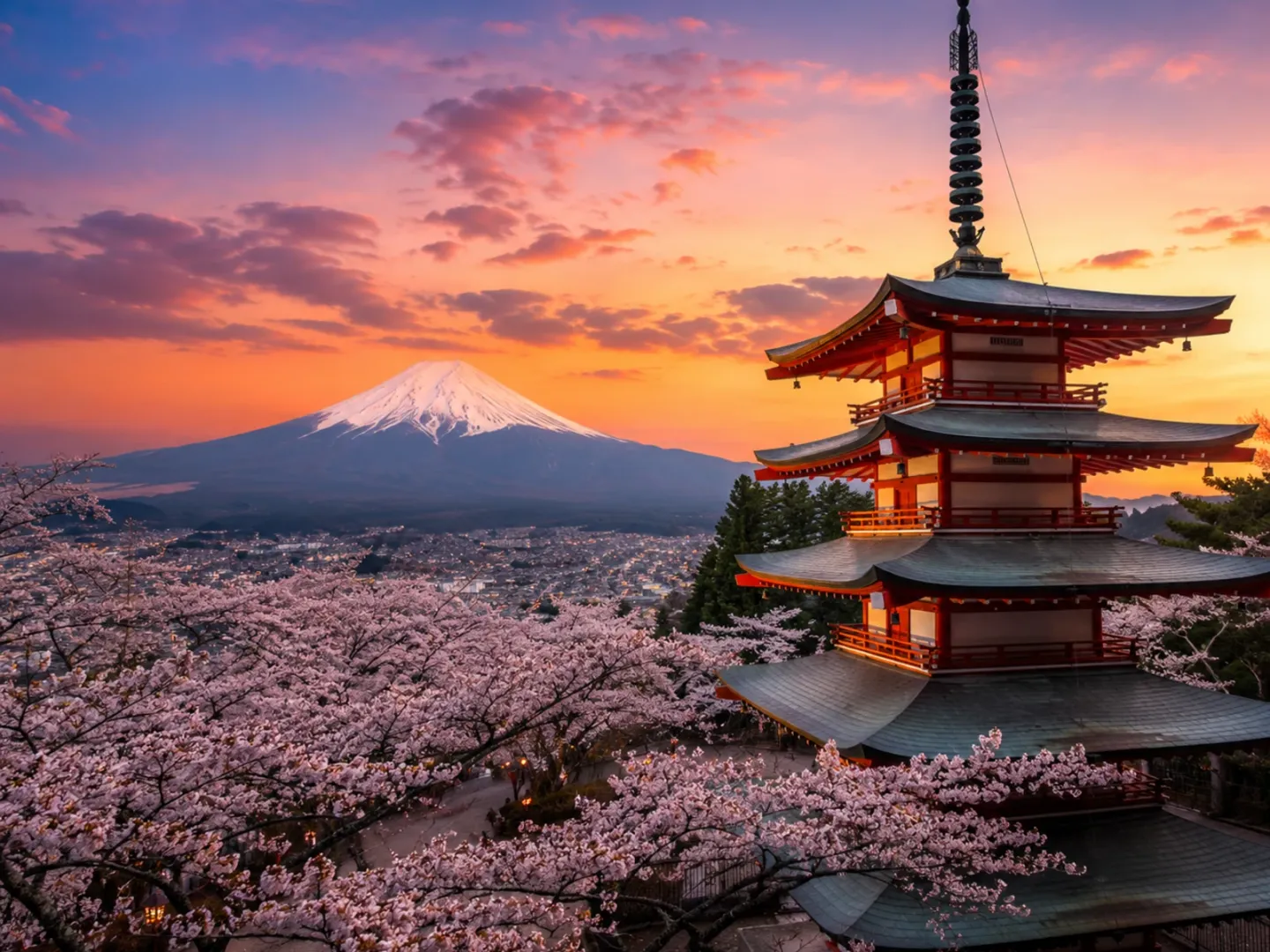 Mount Fuji at sunset framed by cherry blossoms and a pagoda