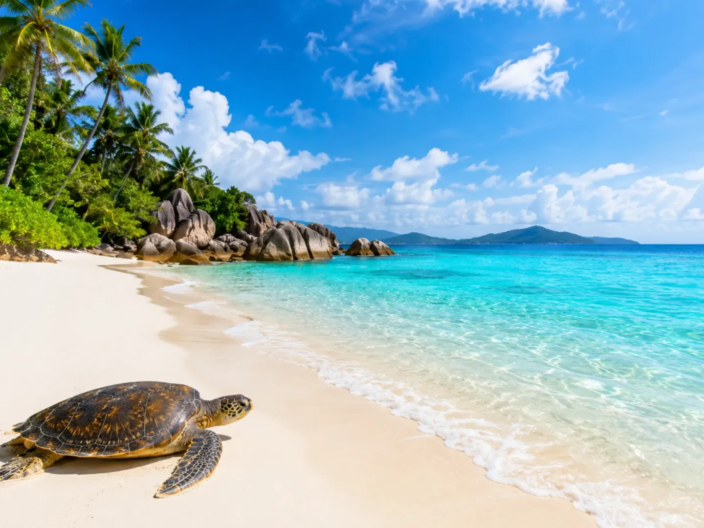 Sea turtle on a tropical Seychelles beach
