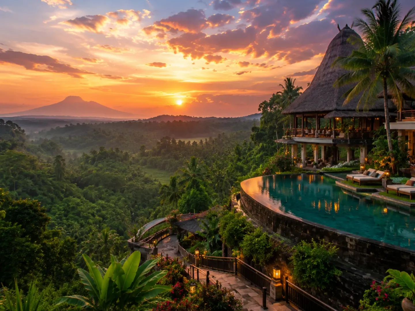 Jungle infinity-pool resort at sunset, Bali