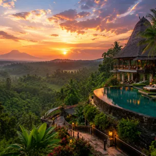 Jungle infinity-pool resort at sunset, Bali