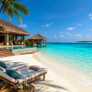 Beach loungers beside an overwater villa, Maldives