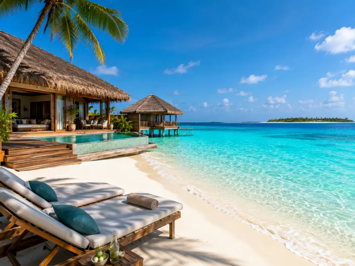 Beach loungers beside an overwater villa, Maldives