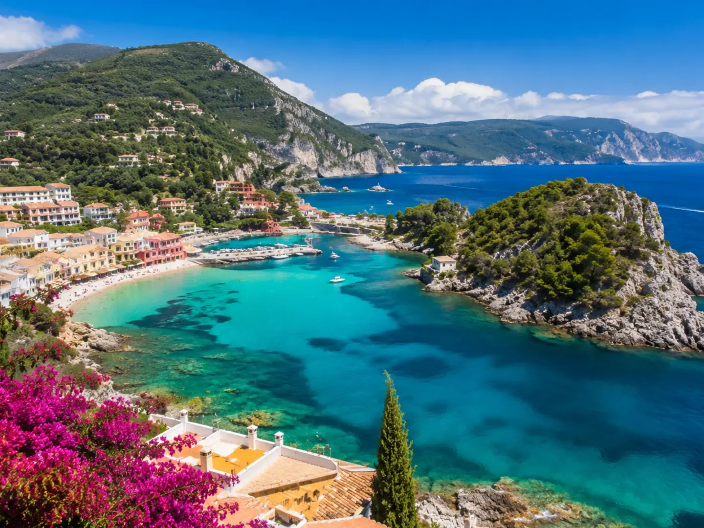 Mediterranean coastal village above a turquoise bay