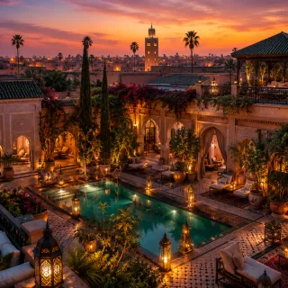 Marrakesh riad courtyard at sunset