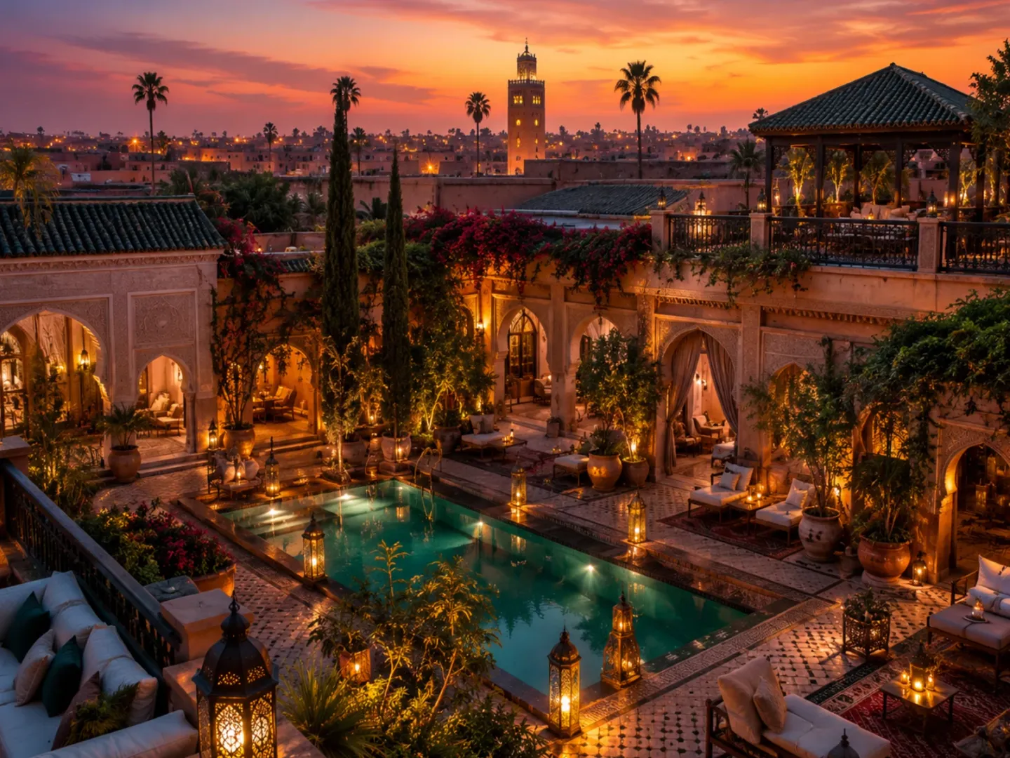 Marrakesh riad courtyard at sunset