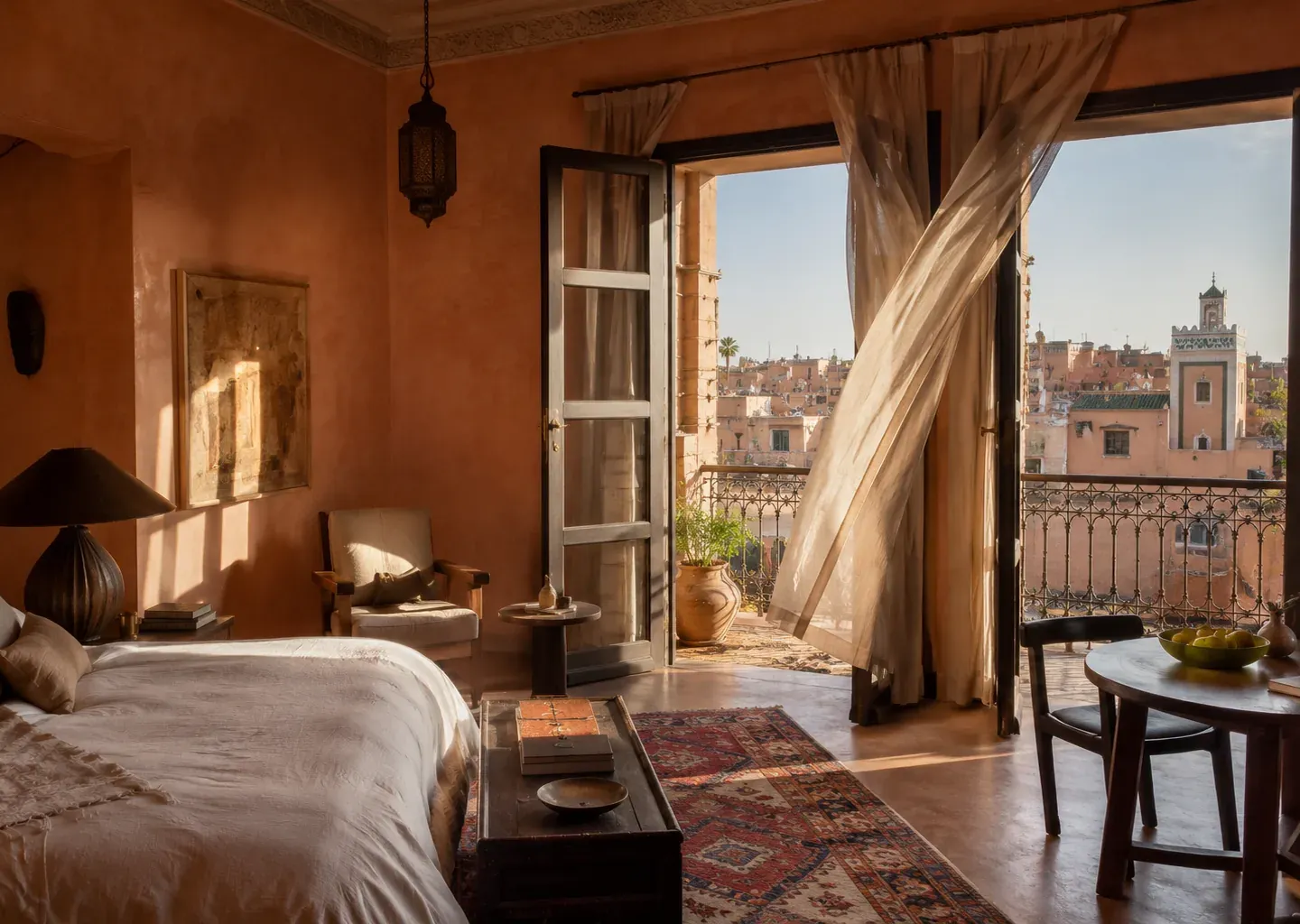 Sunlit Moroccan bedroom with sheer curtains framing morning light