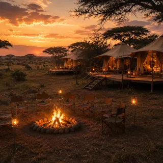 Safari camp bonfire under acacia trees at dusk
