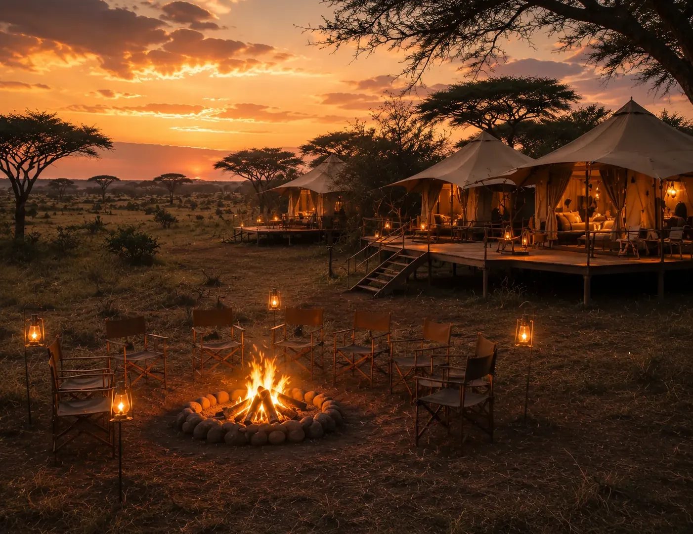 Safari camp bonfire under acacia trees at dusk