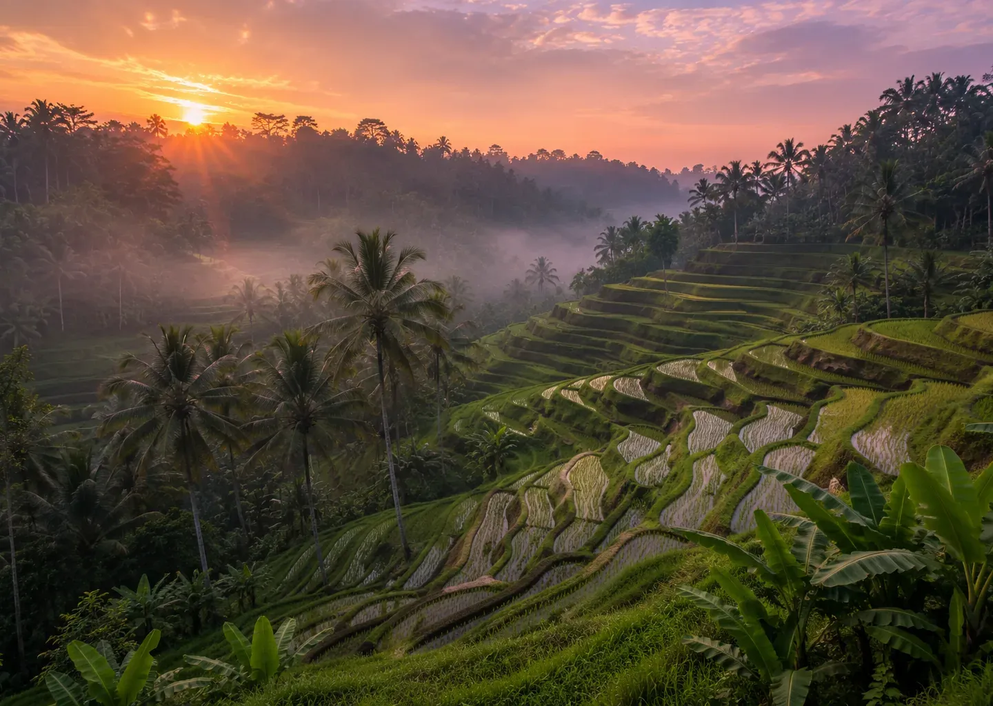 Misty rolling tea plantation at dawn