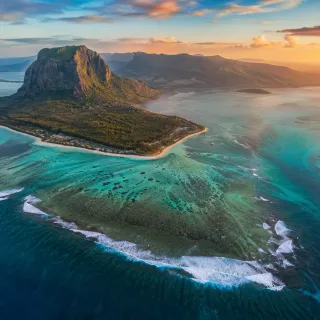 Aerial of Le Morne, Mauritius, with the underwater waterfall illusion