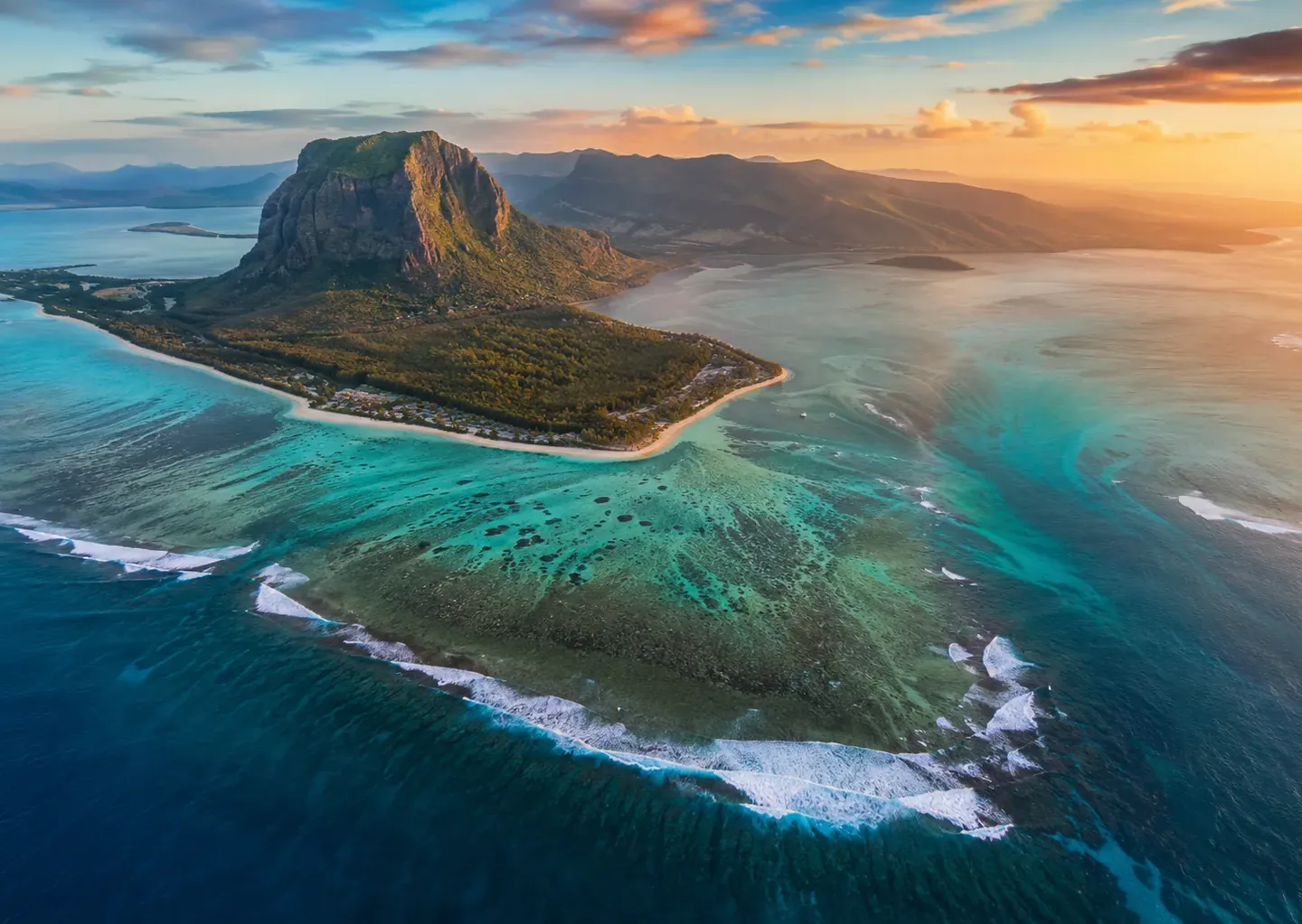 Aerial of Le Morne, Mauritius, with the underwater waterfall illusion