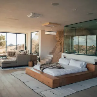 Desert house bedroom with glass shower box