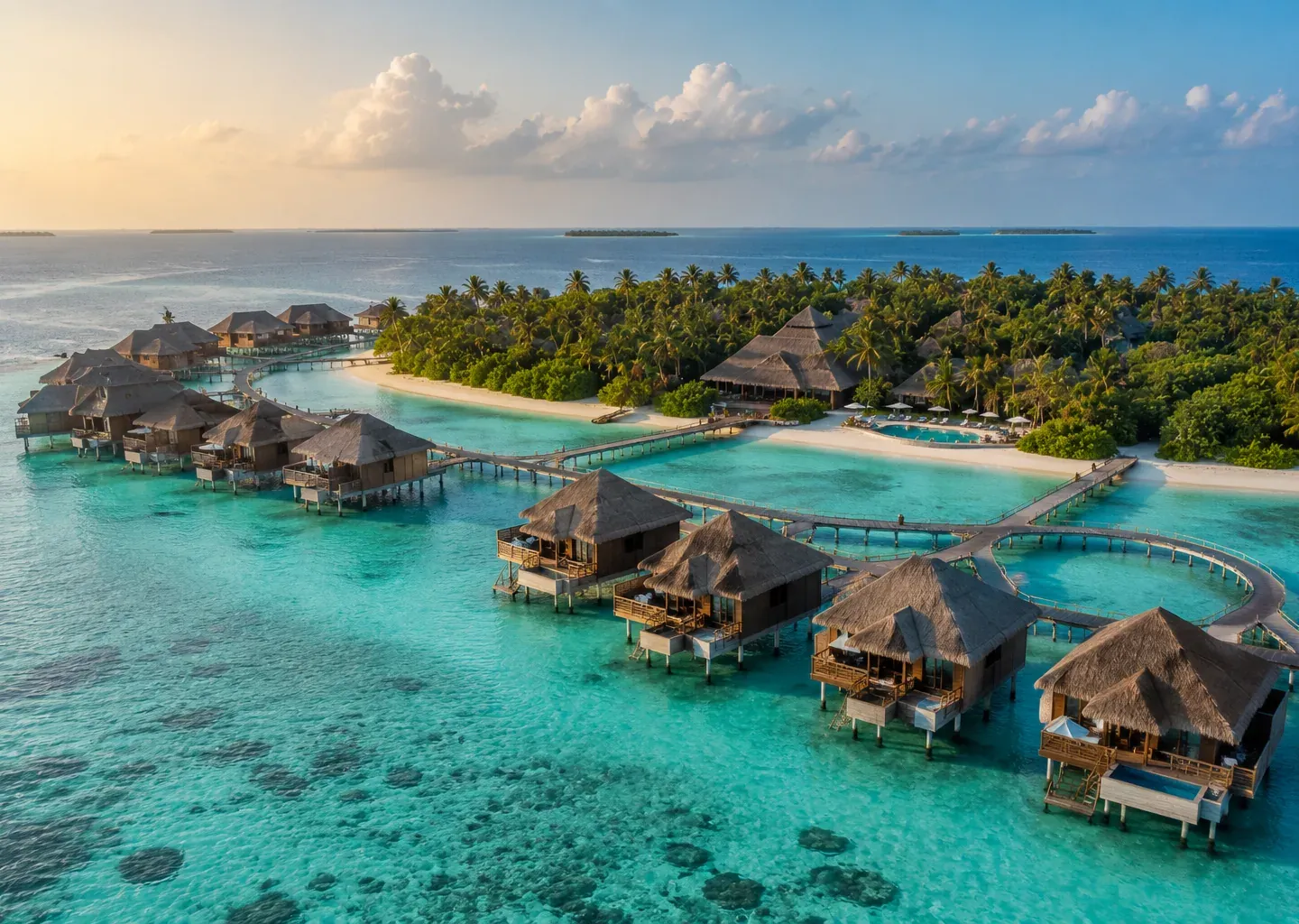 Overwater bungalows in a Maldives lagoon at sunrise