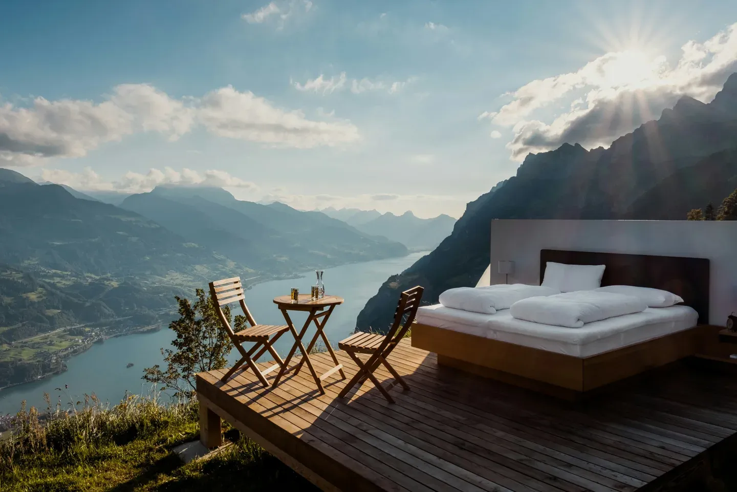 Outdoor bed and breakfast table on a cliffside deck