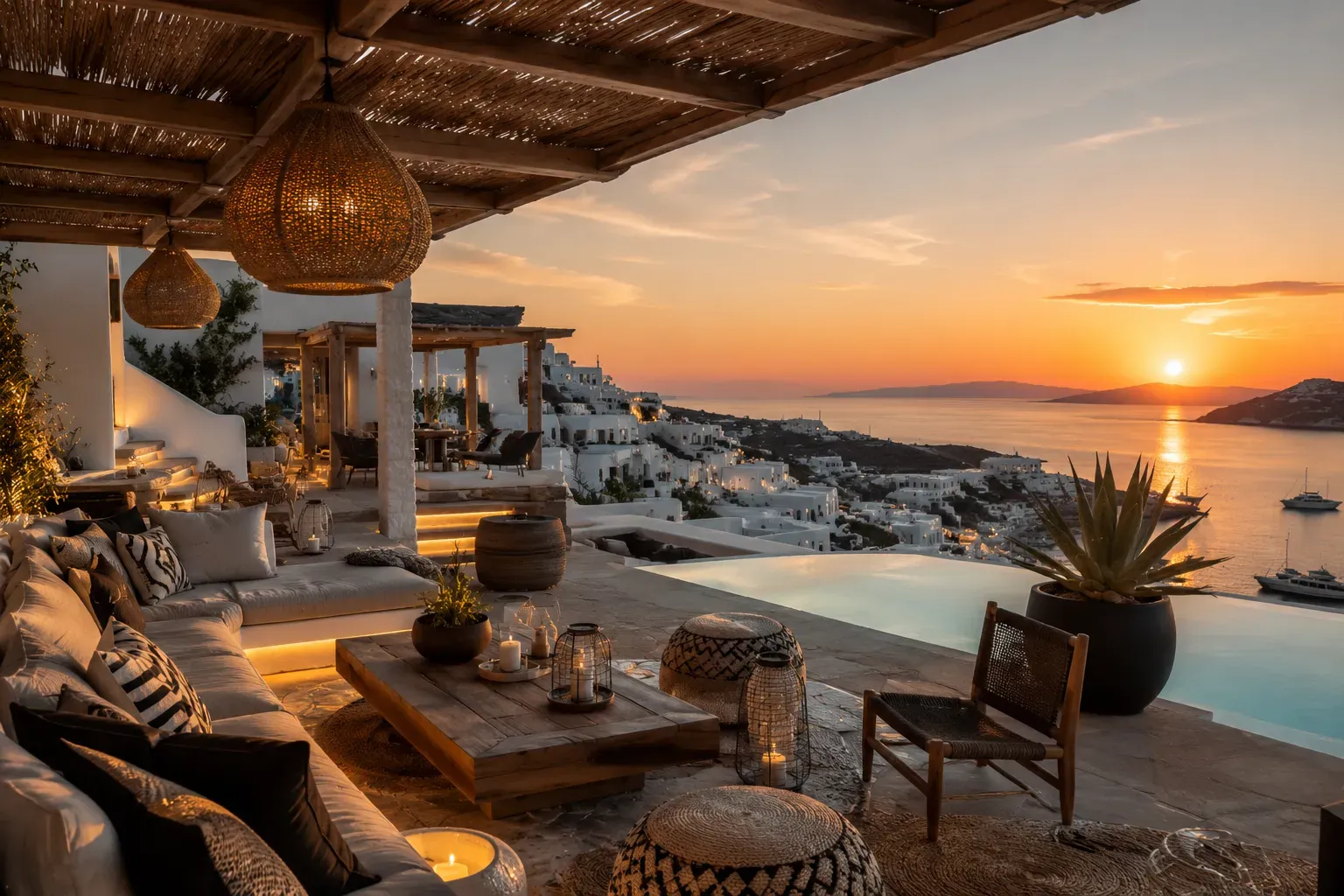 Serene terrace lounge overlooking a coastal town at sunset