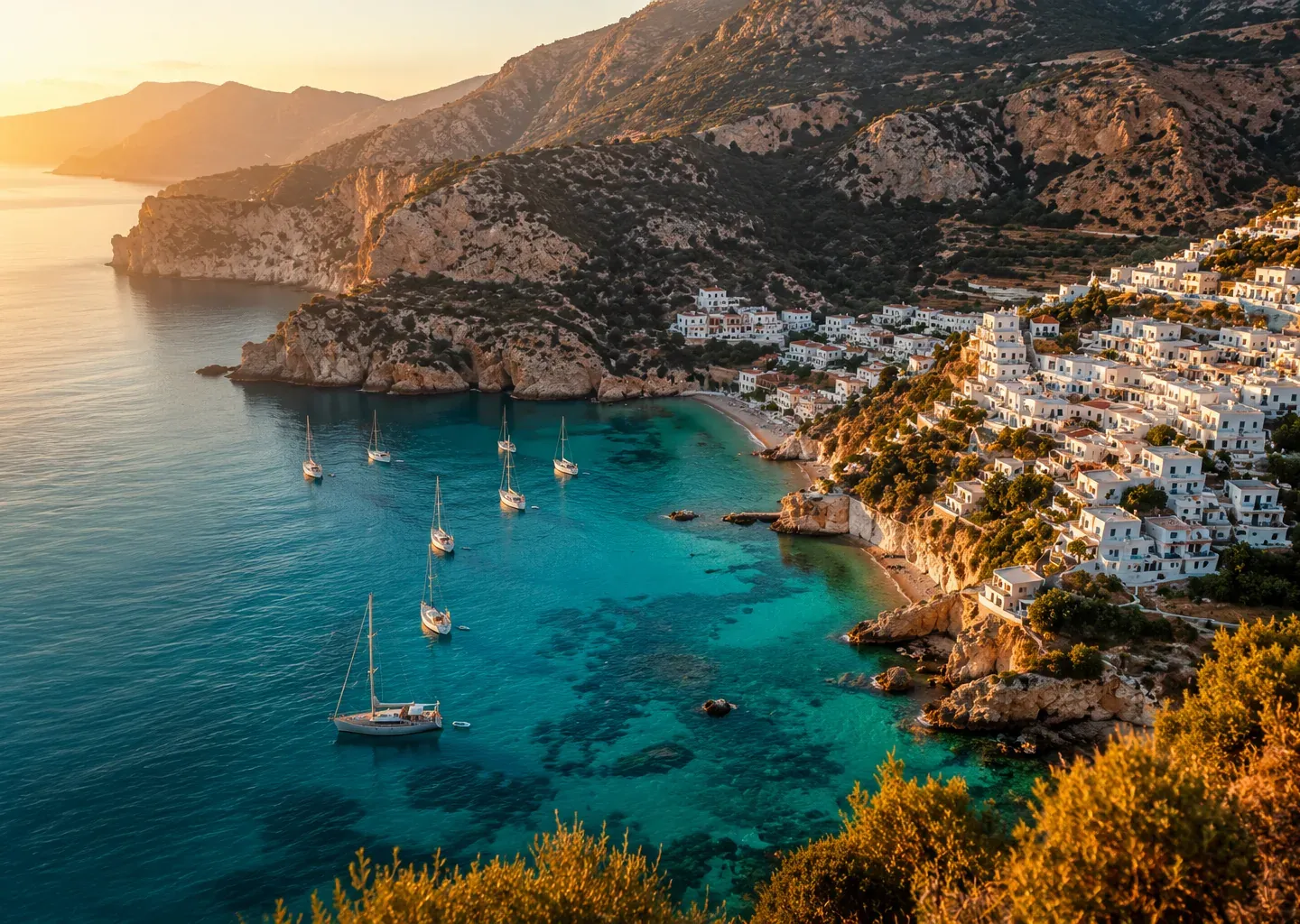 Cliffside Mediterranean village above a turquoise bay
