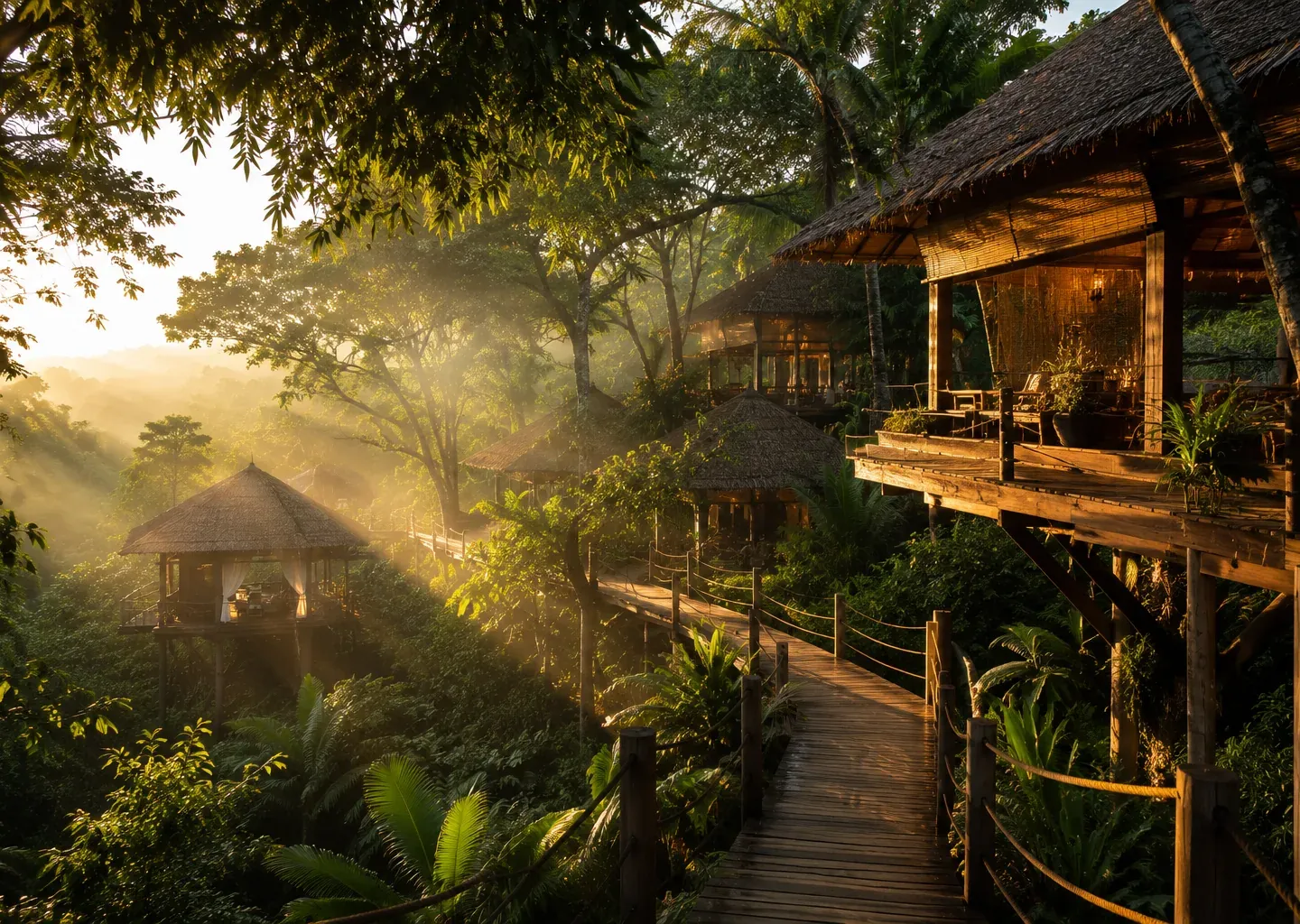 Treehouse cabin in a sunlit rainforest canopy