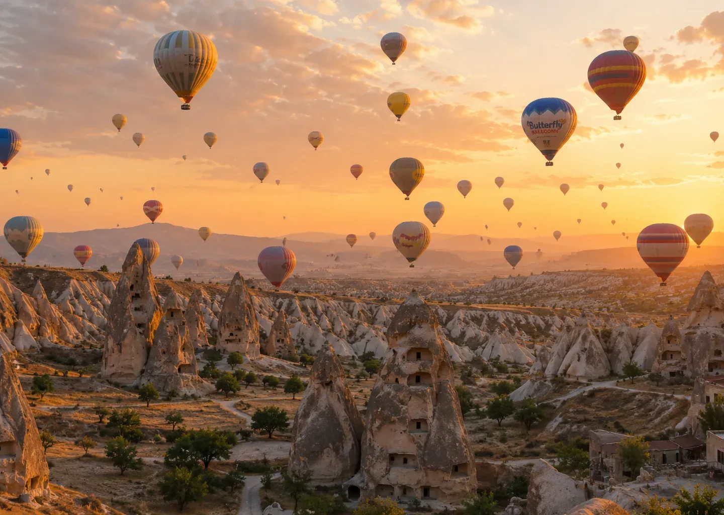 Hot air balloons rising over Cappadocia at sunrise