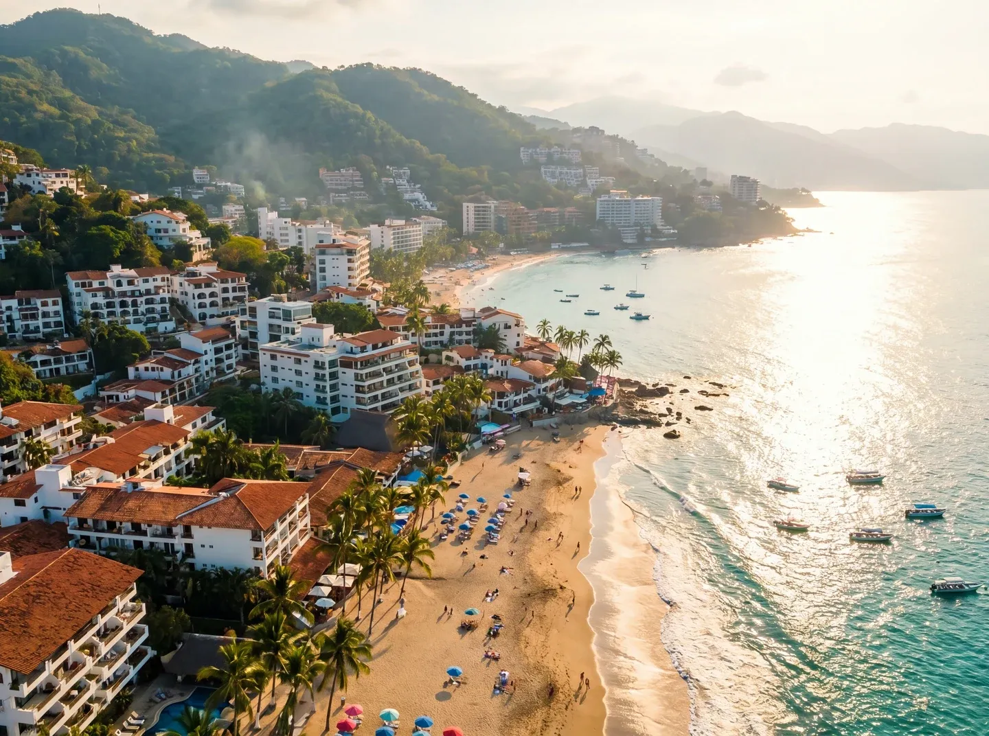 Aerial view of the Puerto Vallarta coastline at sunset