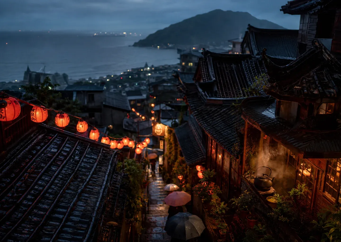 A coastal town in Taiwan at dusk