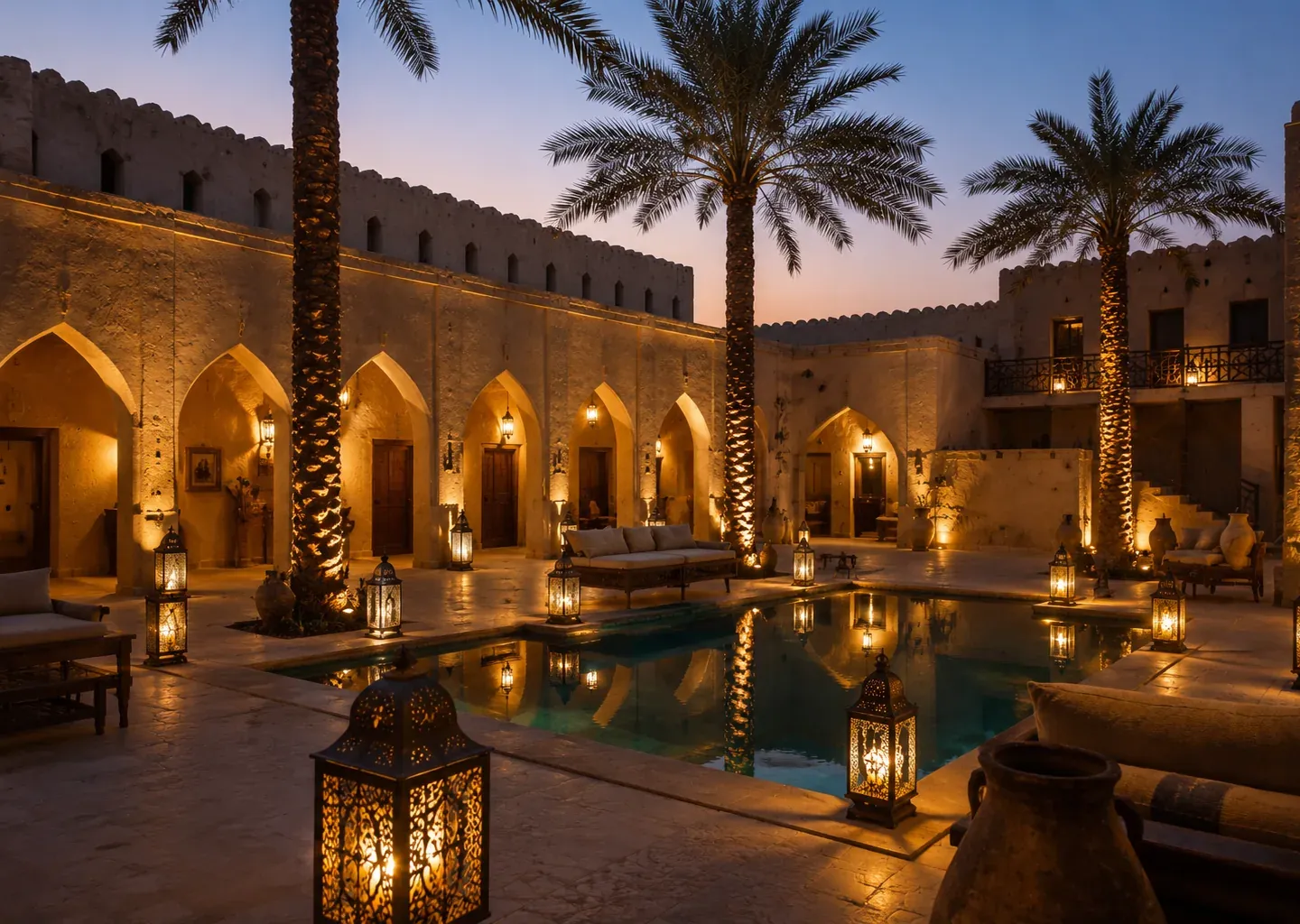 Moorish courtyard with arched colonnades, palms, and lanterns at dusk