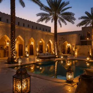 Moorish courtyard with arched colonnades, palms, and lanterns at dusk