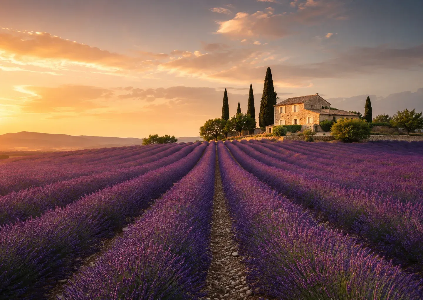 Provence lavender rows with a cypress tree at golden hour