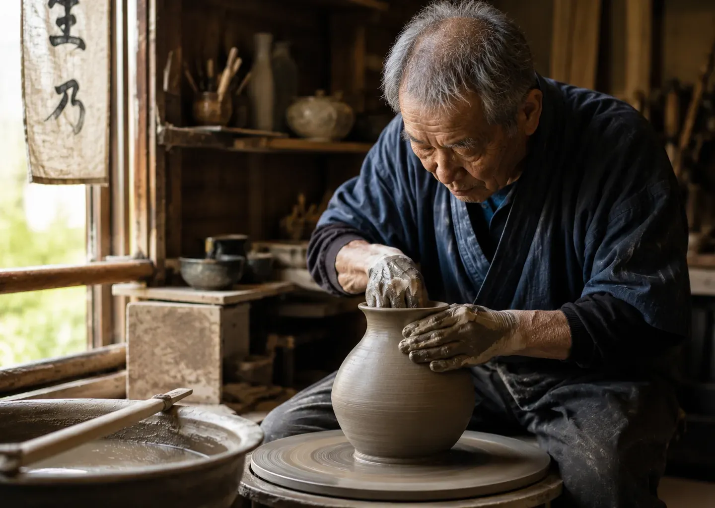 Elderly potter at the wheel in a sunlit ceramics workshop