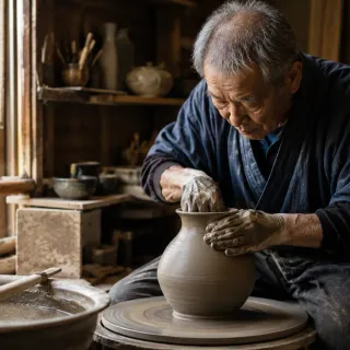 Elderly potter at the wheel in a sunlit ceramics workshop