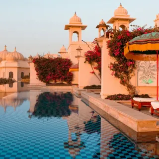 Heritage palace pool at golden hour