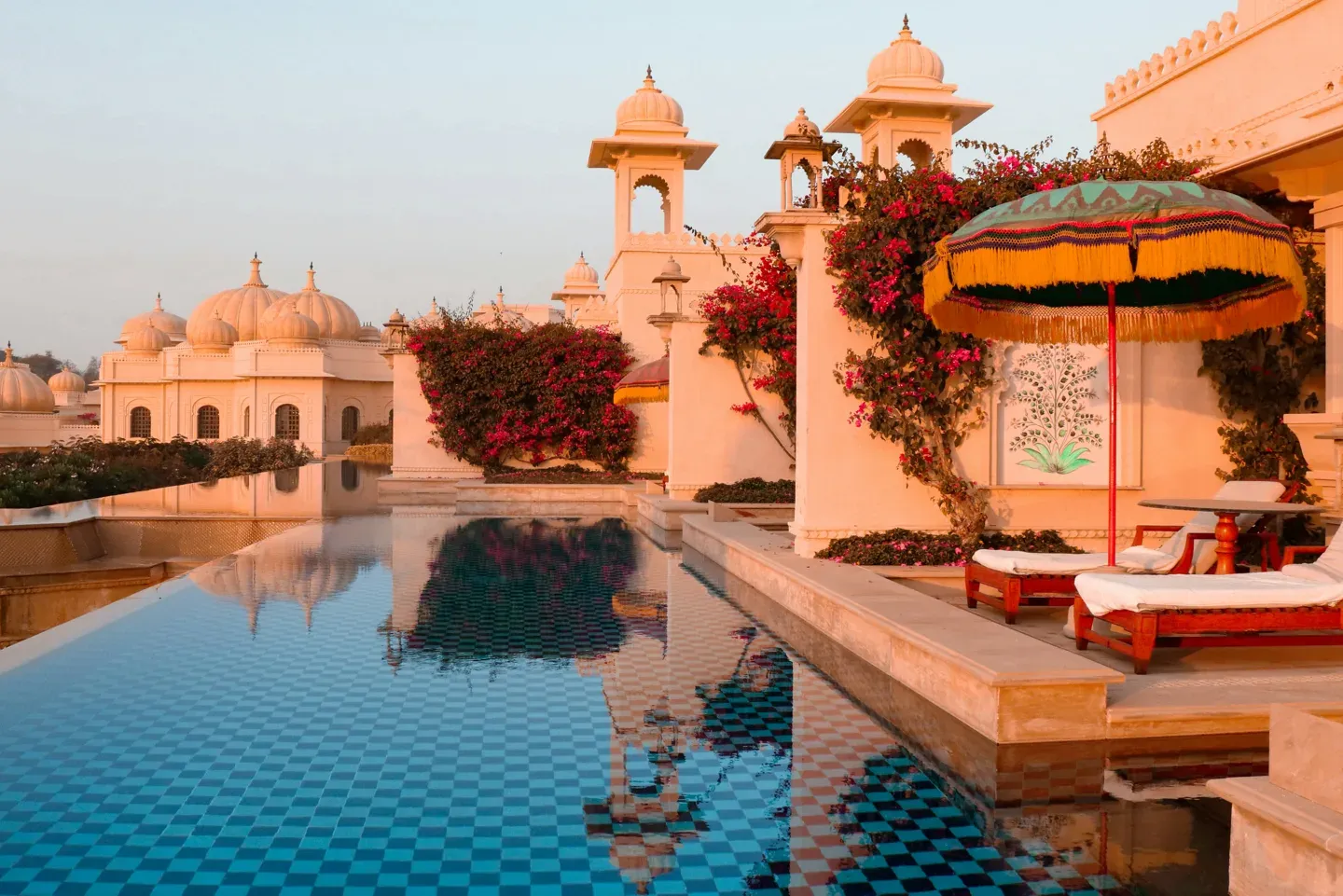 Heritage palace pool at golden hour
