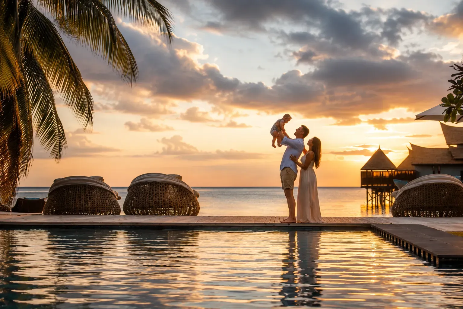 Family playing by a resort infinity pool at sunset