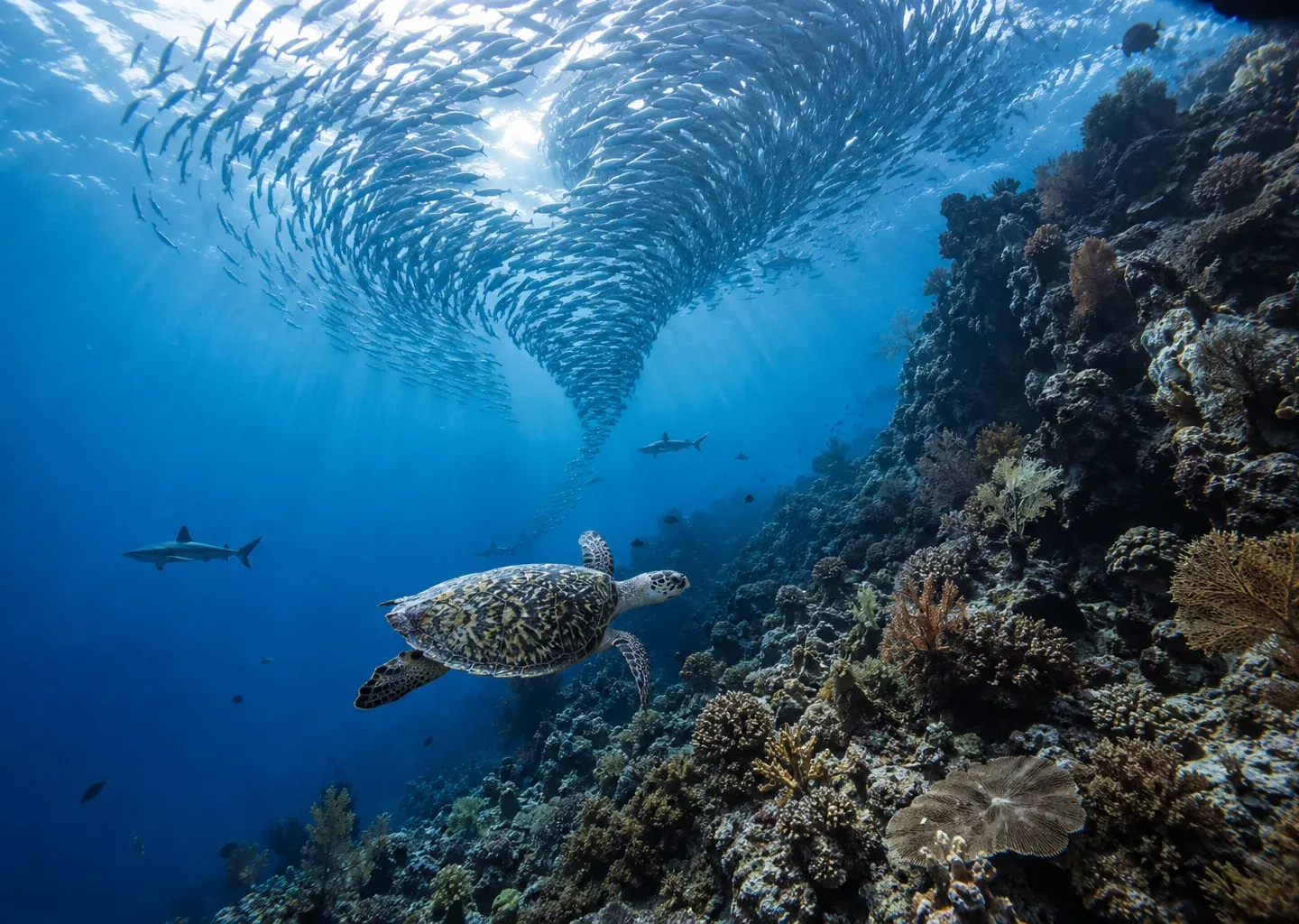 An underwater reef with a turtle and sharks in Sabah