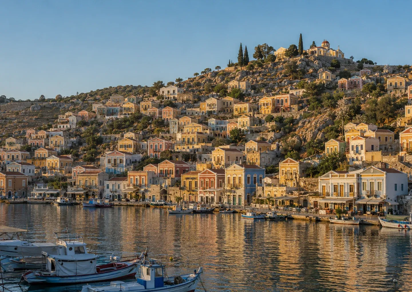 A Mediterranean harbour in Crete at sunset