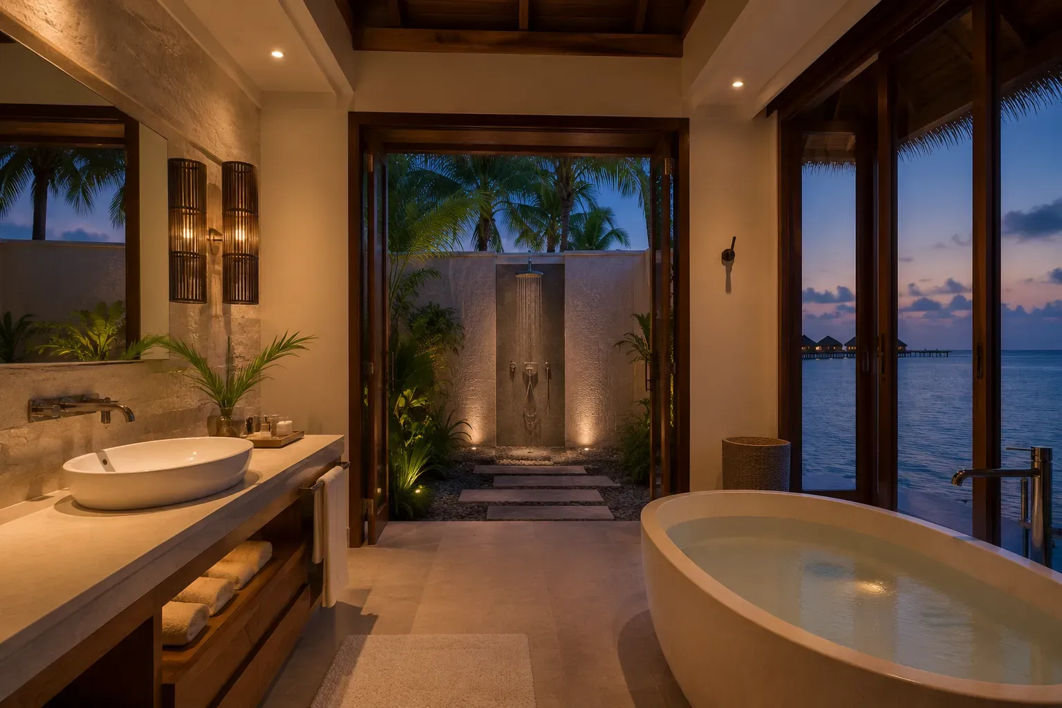 Luxury overwater villa bathroom opening to an ocean view at dusk