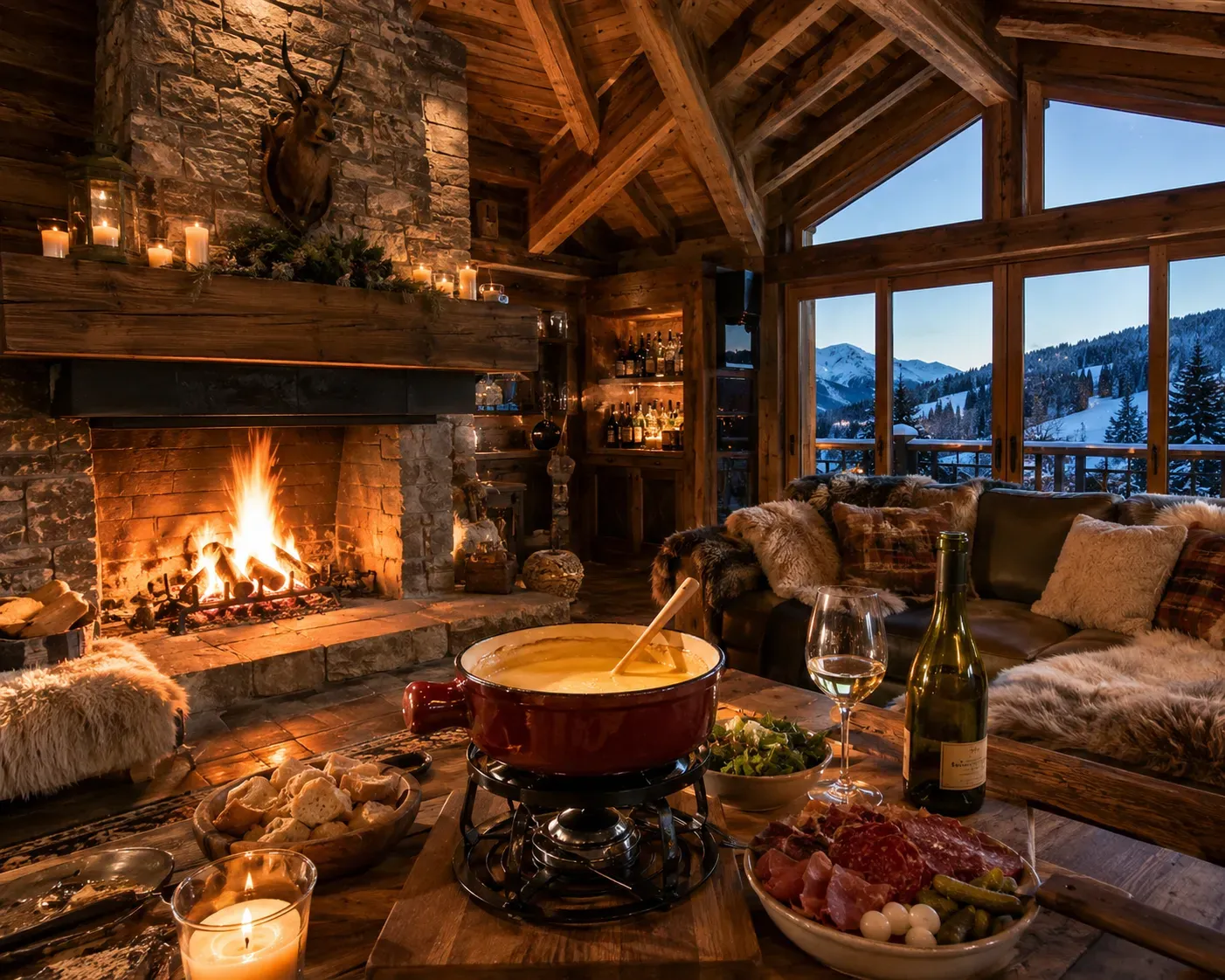 Cosy alpine lodge with a fireside fondue dinner and mountain views at dusk