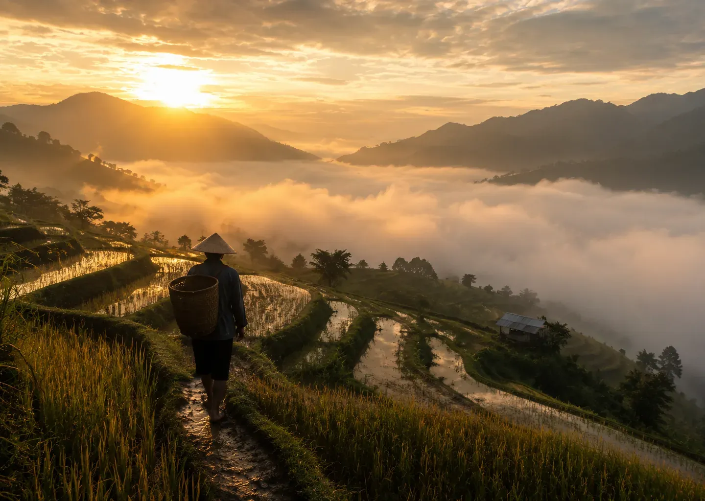 Figure walking through golden vineyard rows at sunset