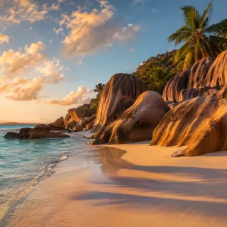 Granite boulders on a turquoise Seychelles beach