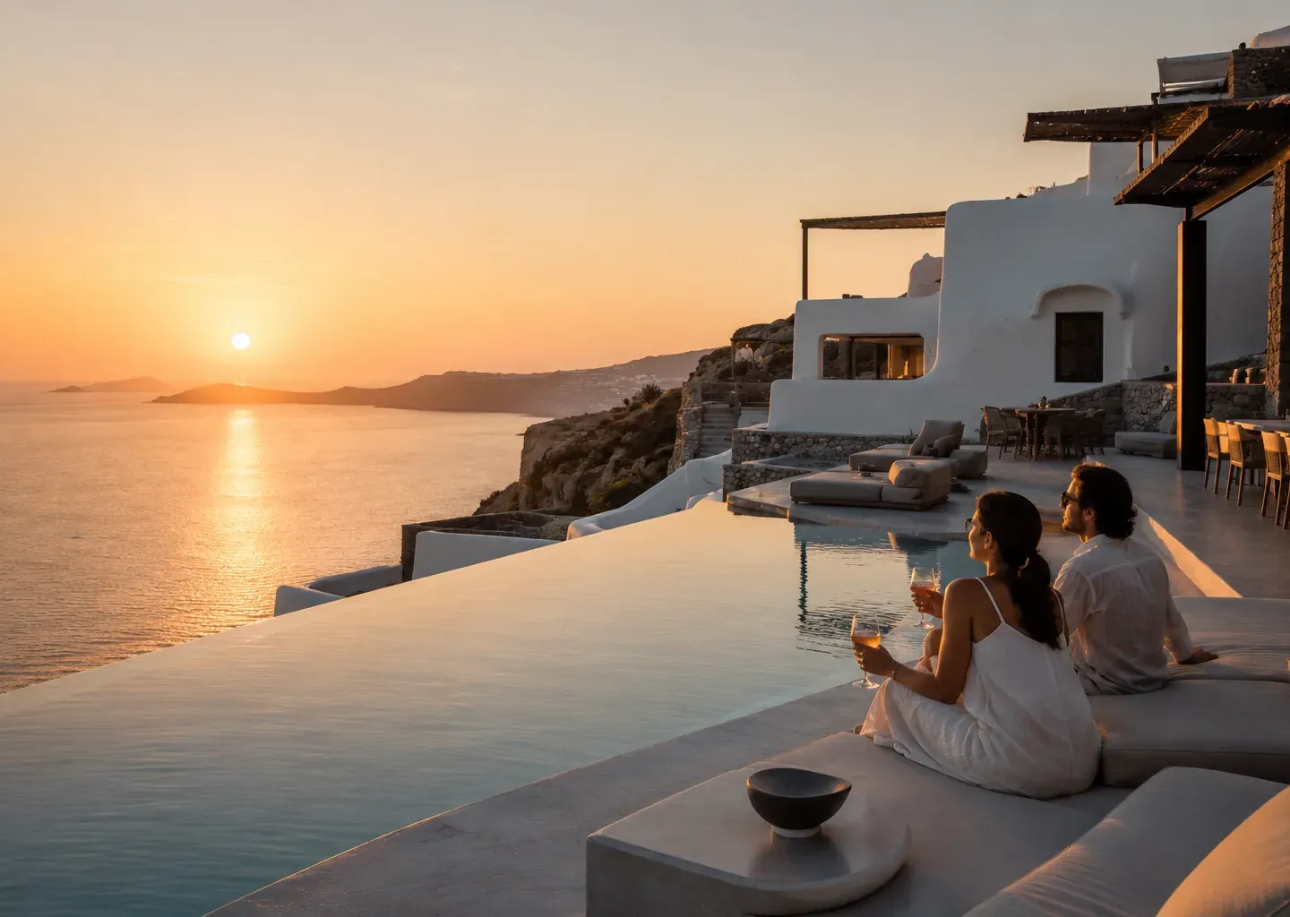 Whitewashed Mediterranean villa balcony at sunrise