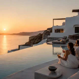 Whitewashed Mediterranean villa balcony at sunrise