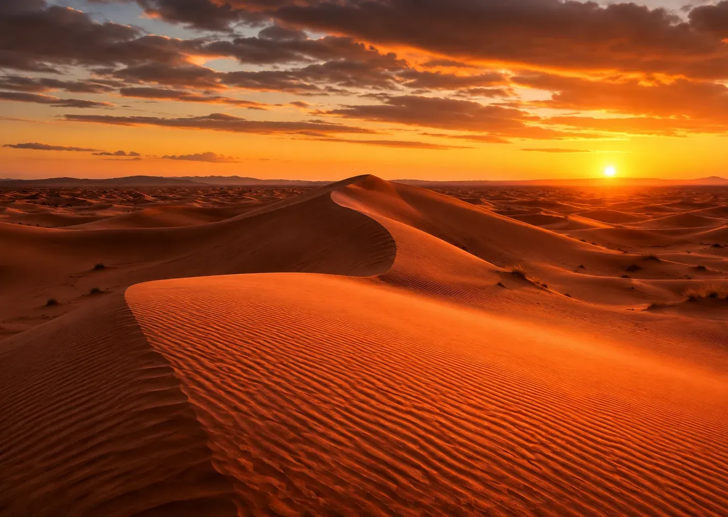 Footprints crossing Sahara dunes at sunset
