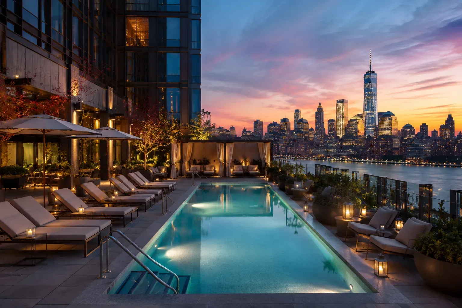 Rooftop hotel pool overlooking the city skyline at sunset
