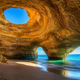 Sea-carved stone arch over a turquoise cove