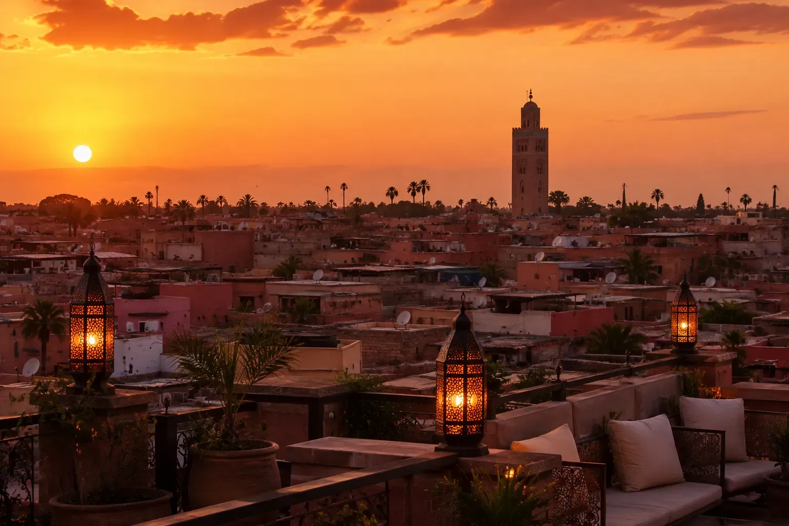 Sunset terrace with lanterns overlooking a city skyline at dusk