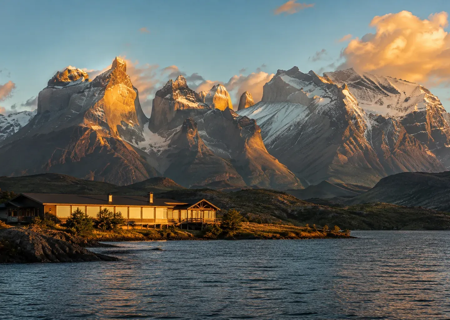 Patagonian lodge beneath the Torres del Paine massif at sunset